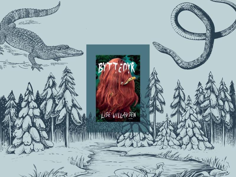 Forsidebillede fra "Byttedyr" af Lise Villadsen samt illustrationer af en skov, en alligator og en slange.